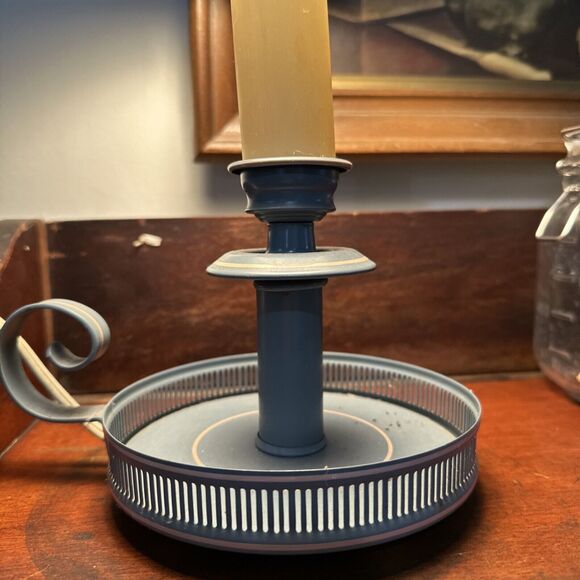 Vintage Toleware Blue And Gold Metal Lamp Pink Florals Cottagecore - Picture 3 of 8